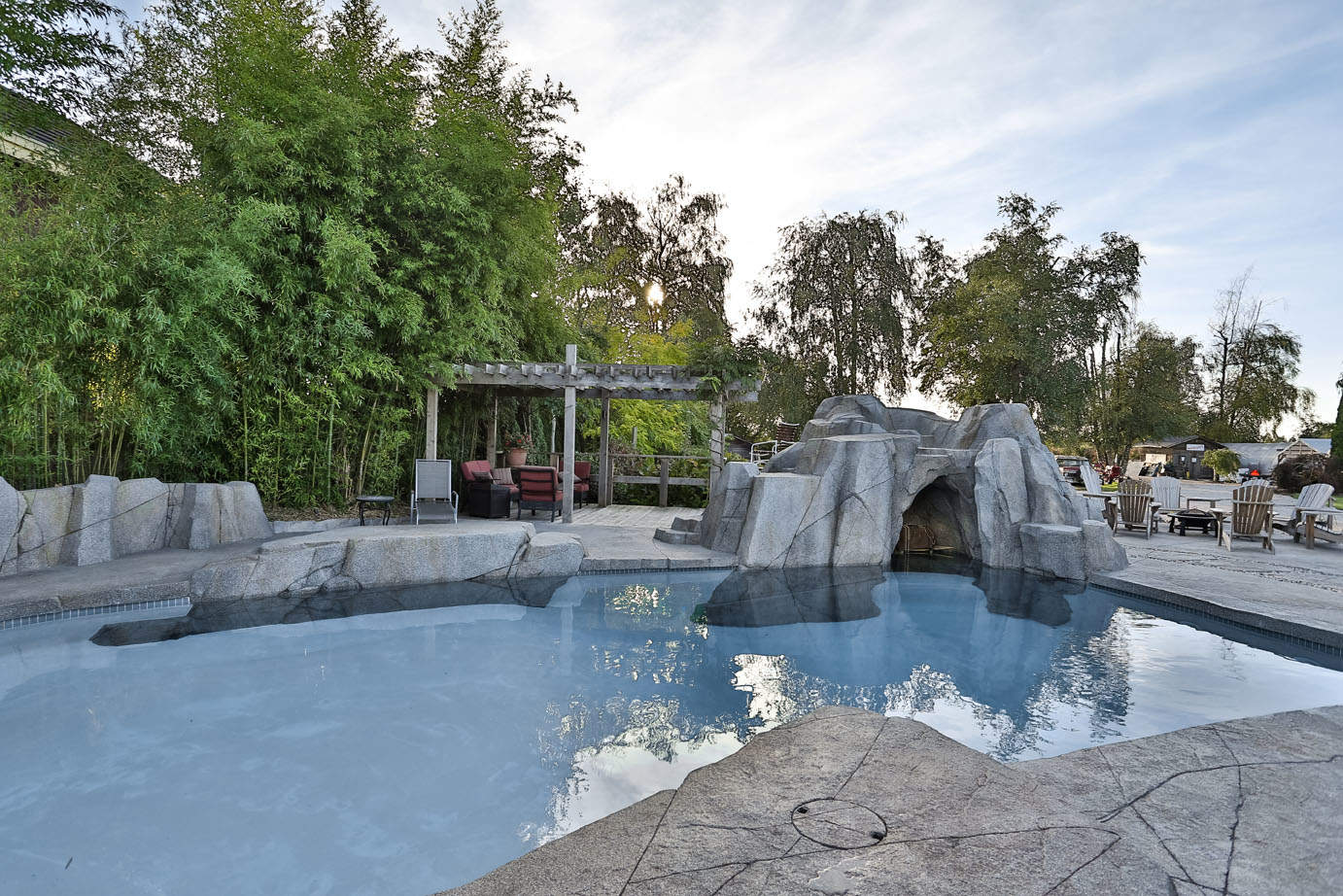 One of a kind swimming pool featuring custom artificial rock work